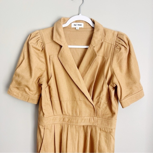 2/25 Boutique Day & Moon Denim Puff Sleeve Jumpsuit Romper Mustard Gold M - Picture 2 of 7